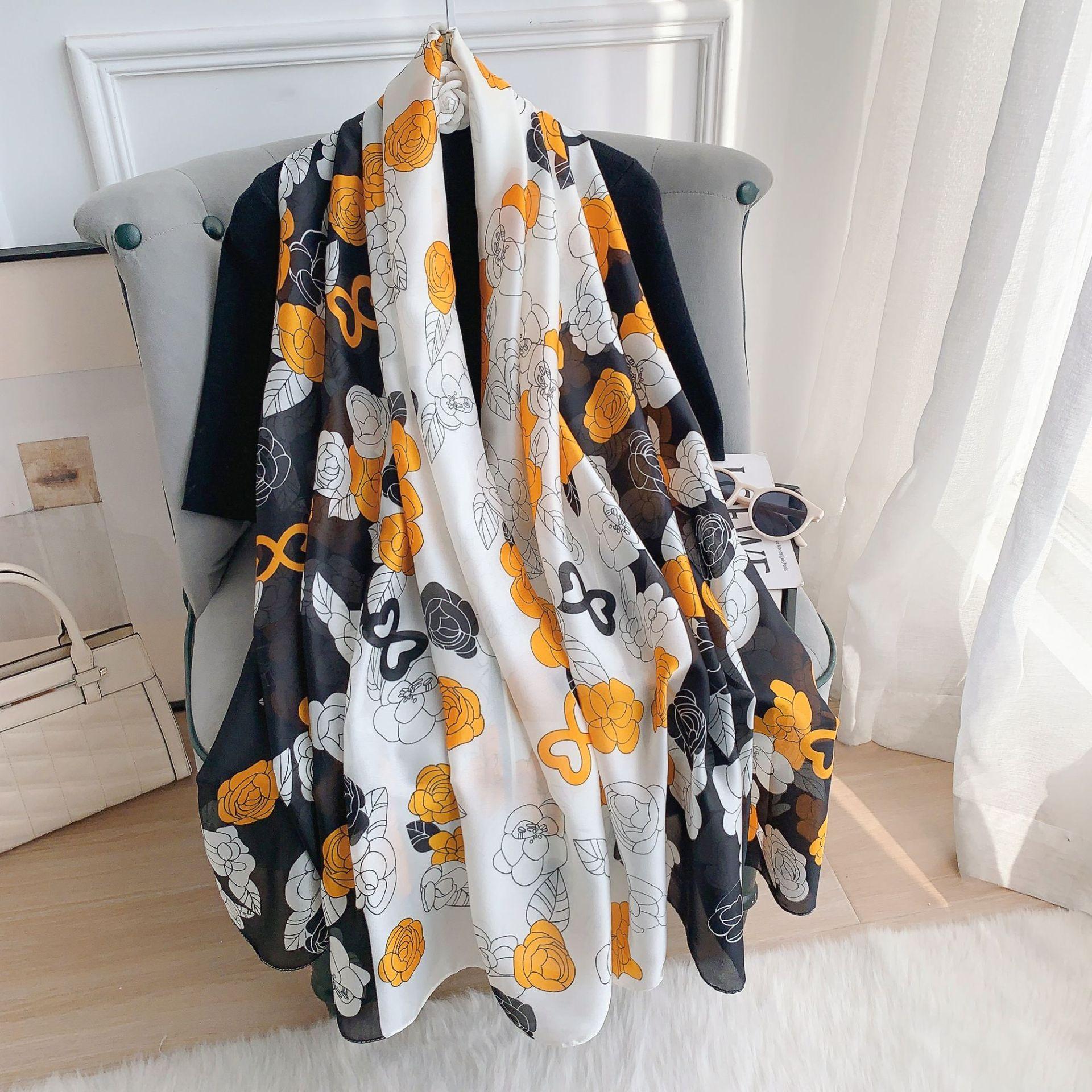 Xiaoxiangfeng camellia fashion silk scarf female Korean version temperament early spring long style with warm shawl sun protection beach towel 180*90cm