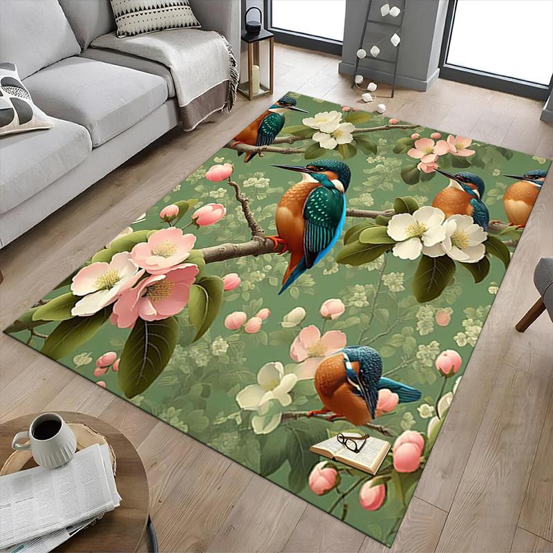 1PC Birds Flowers Non-Slip Floor Carpet Compatible for Office&Living Room&Dining room - Flat-Weave Machine- Soft & Pattern-E300