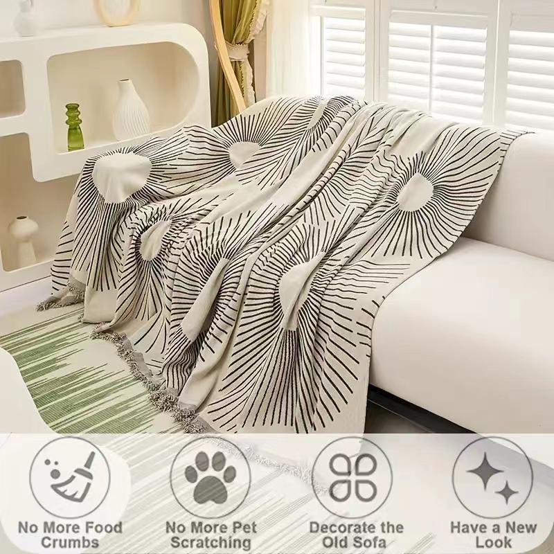 Line Pattern Sofa Towel, Living Room 3 Seater Sofa Cover, Sofa Cover Protector Full Cover One Piece Tassel Edge Decoration