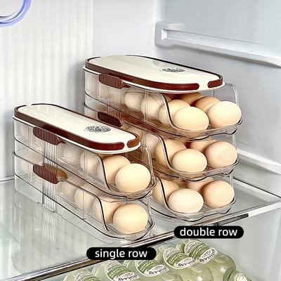 Porta Ovos Grande para Frigorífico Organizador de Ovos com Rolagem Automática Recipiente de Ovos de Plástico Transparente Dispensador de Ovos Empilhável e Cesto de Armazenamento
