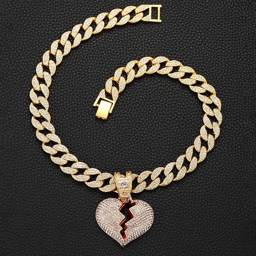 Fashion Wind Alloy Full Diamond Boyfriend Love Pendant Necklace Men'S And Women'S Hip Hop Broken Heart Pendant Chain