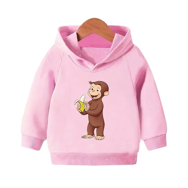 Curious George Cute Monkey Print Funny Kids Hooded Hoodies Girls Clothes Children Sweatshirts Autumn Baby Pullover Tops