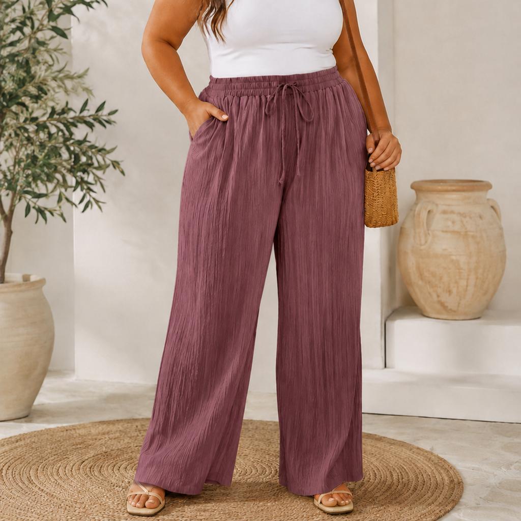 High Waist Loose Fit Wide Leg Pants for Women Drawstring Waistband Relaxed Style Lightweight Fabric Casual Trousers with Pockets