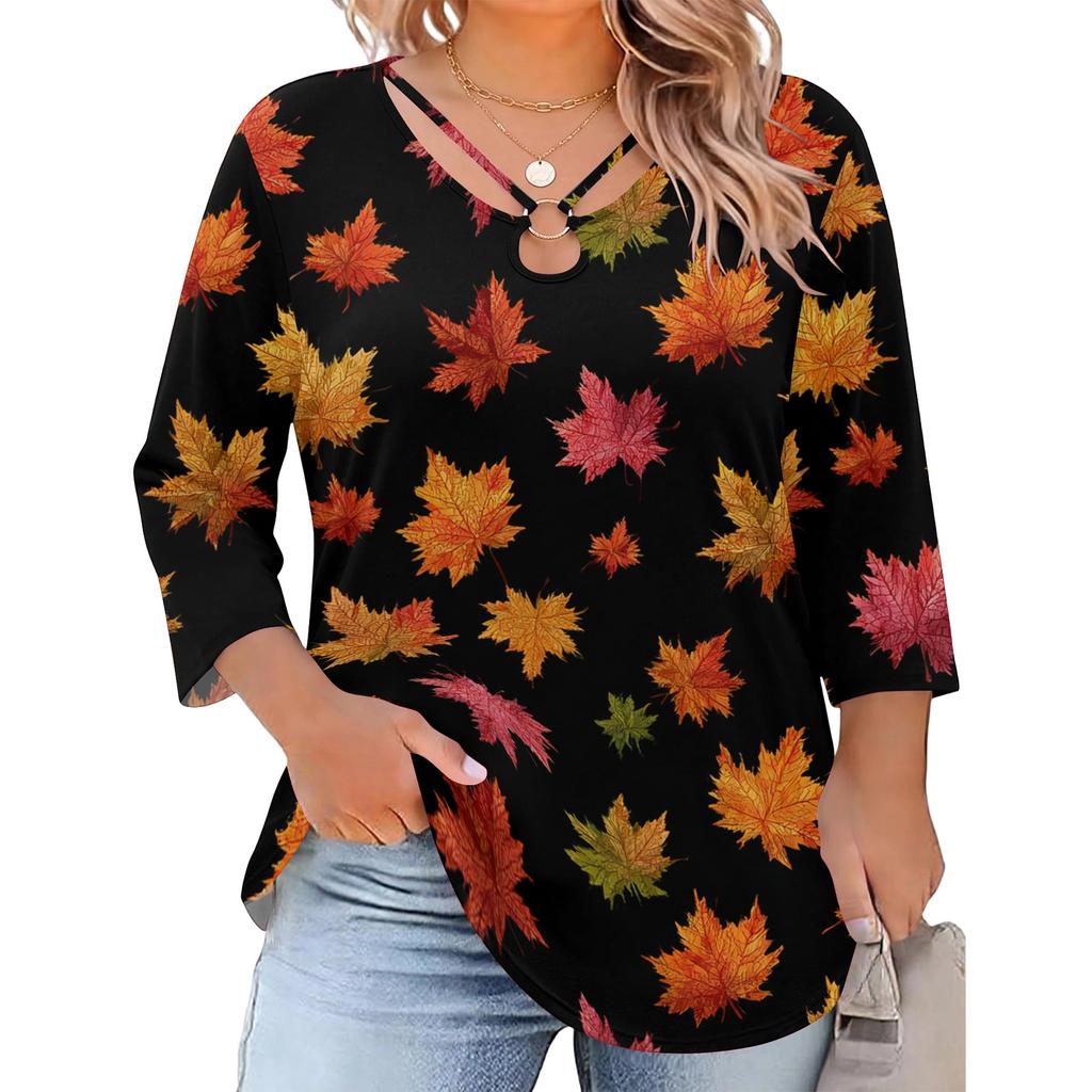 Blusa Floral Feminina Plus Size com Manga Três Quartos, Blusa Casual, Túnica de Corte Amplo para Primavera Verão, Uso Diário, Trabalho e Saídas