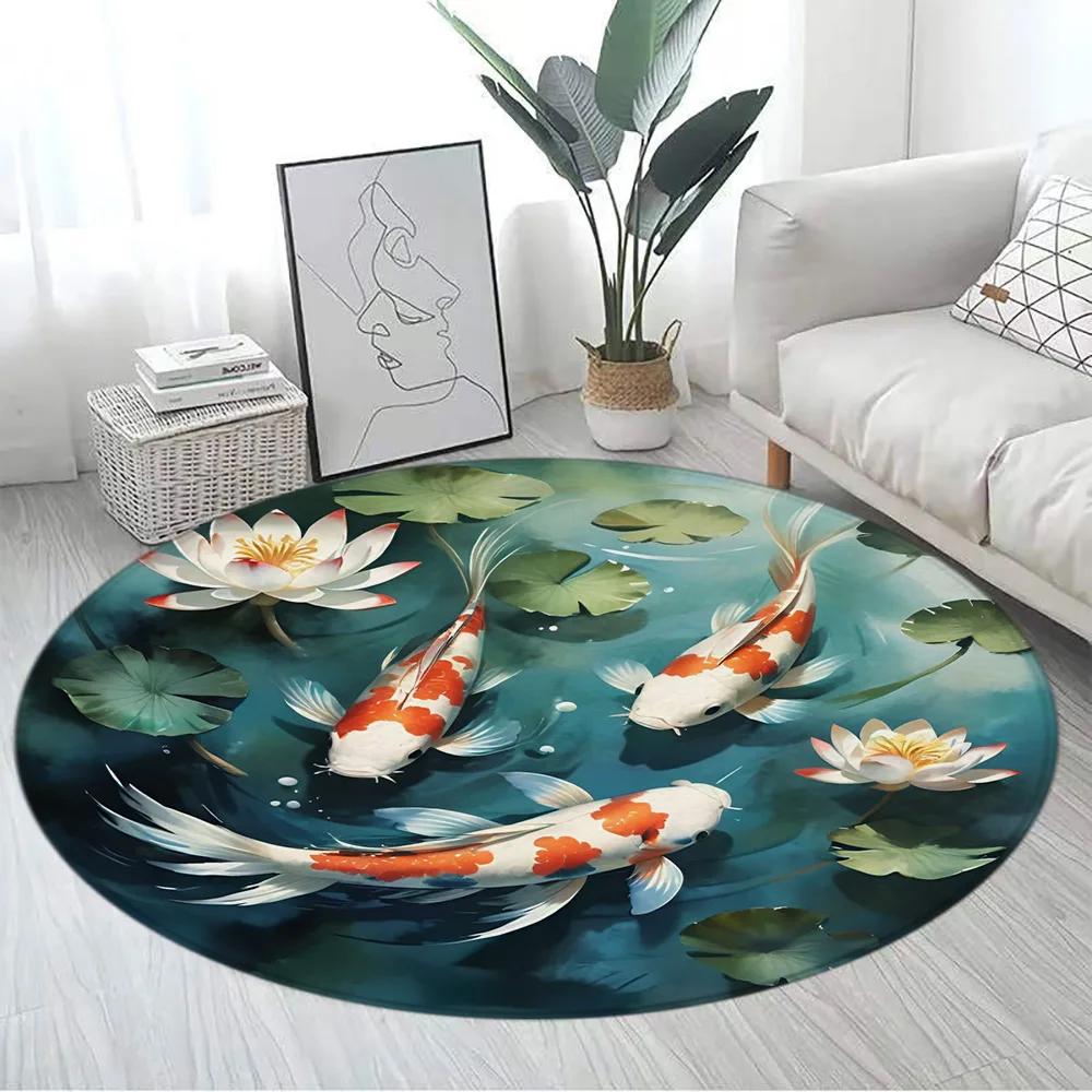

Japanese Style Round Carpet Mountain Cherry Blossom Koi Octopus Lotus Sea Waves Ink Art Living Room Home Decor Mats Floor Rugs Diameter 60cm