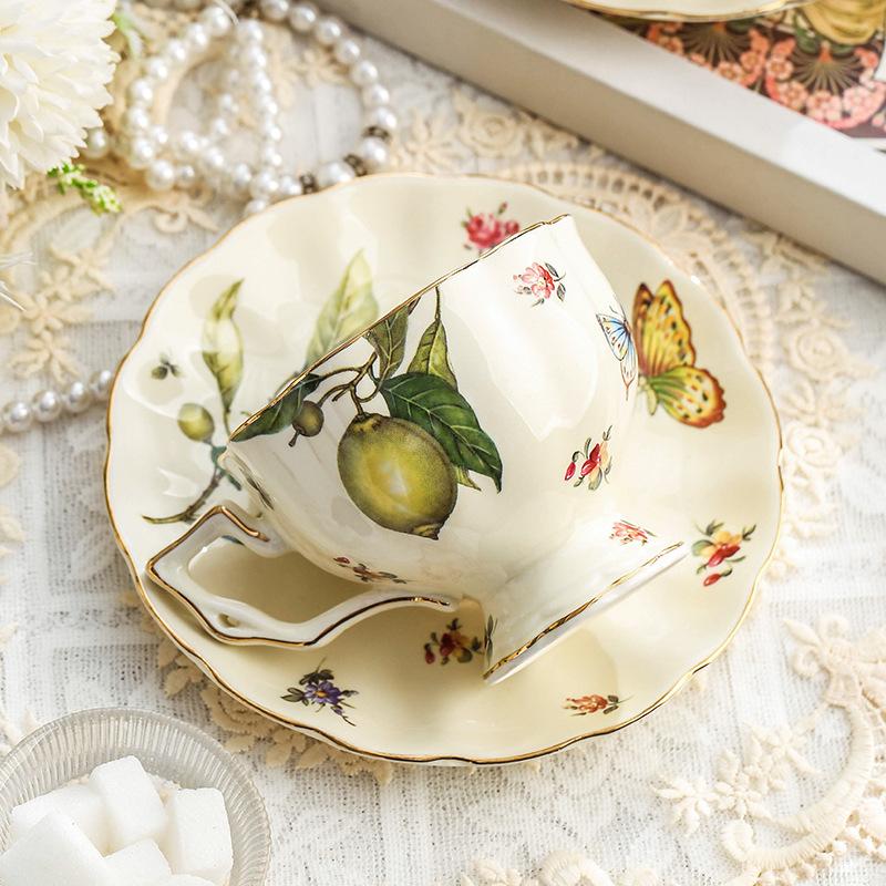 3pcs/set Vintage Coffee Cup Set,Tea Service - 2 Tea Cups, 1 Tea Pot,afternoon Tea, Lemon Butterfly Decorative CeramicTea Cups and Saucer for Home