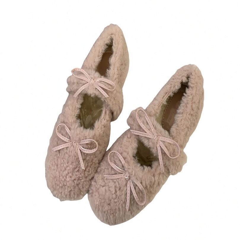 2025 winter height increase of 4cm single shoes warm and plush round bow fluffy shoes