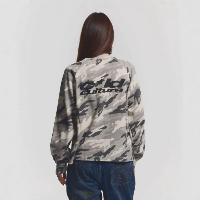 Womens Vintage Camo Sweatshirt Waffle Knit Long Sleeve T-Shirt Star Letter Print Crew Neck Loose Fit Streetwear