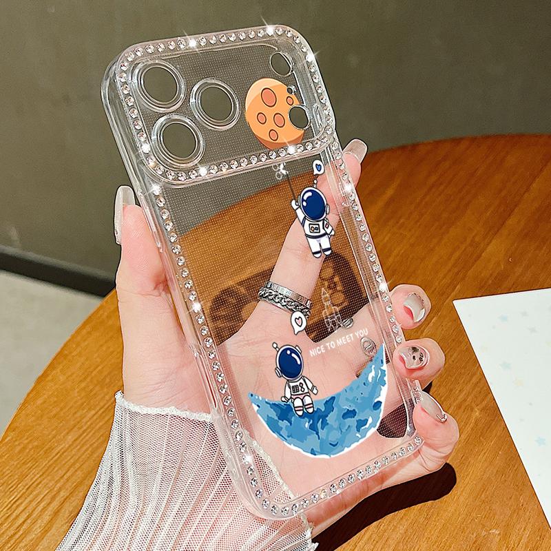Cute Astronaut Printed Bling Diamond Case For iPhone 17 Air 16e 16 14 15 13 17 Pro Max 15 16 Plus 17 Soft Silicone Phone Cover