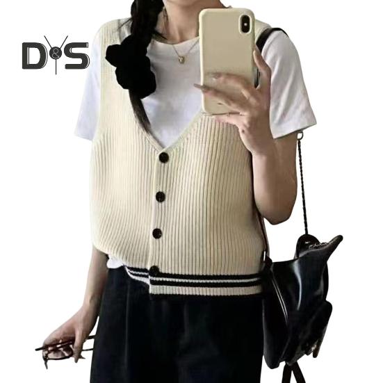 Women Sling Vest Slim Fit V-Neck Sleeveless Top with Striped Pattern Single Breasted Knitted Sweater Daily Wear