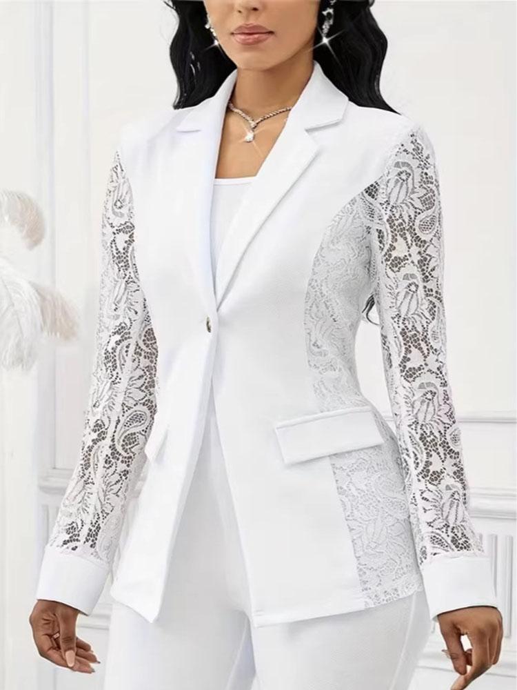 Damen Ein-Knopf Spitze Langarm Patchwork Unifarben Anzugjacke