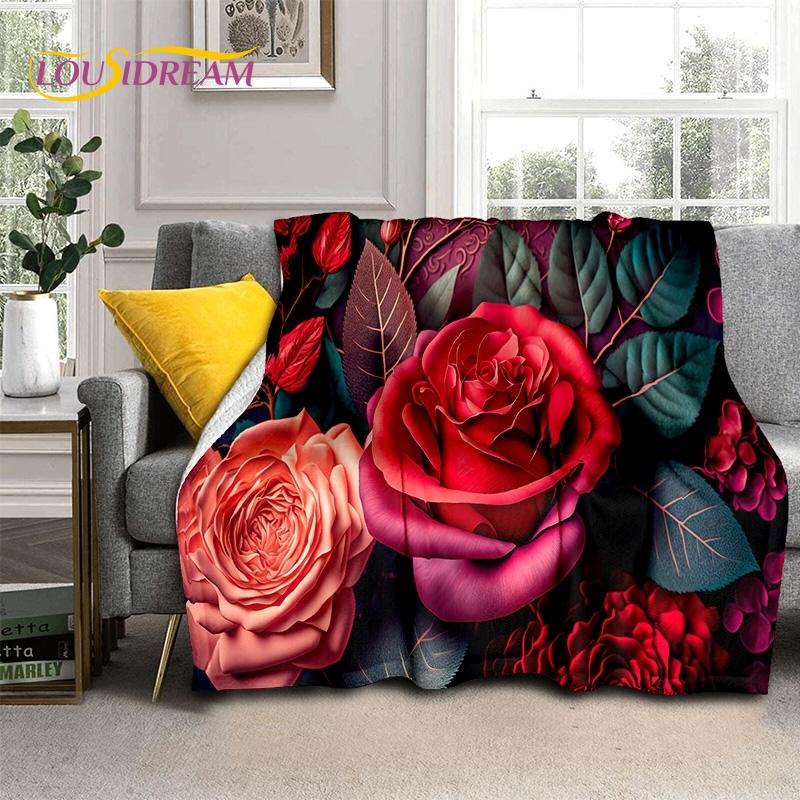 Mantas Suaves Románticas Nórdicas con Flores de Rosa 3D, Manta de Tiro para Mantener el Calor, Manta Cómoda para Picnic, Camas, Sofá, Dormitorio del Hogar, Regalo