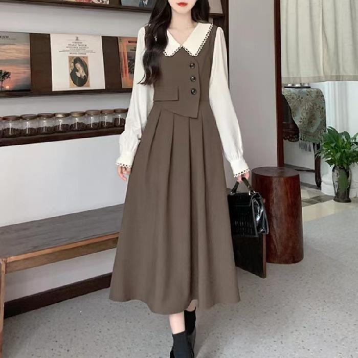 French Vintage Stitching Fake Two-piece Long-sleeved Dress Women's Spring and Autumn Doll Collar Elegant Long Dress