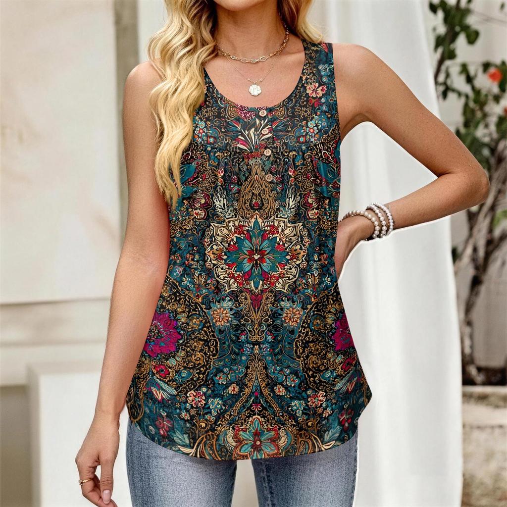 Top Gilet da Donna Nuovo alla Moda Retro Floreale a Strisce Stampa Texturizzata Girocollo Largo Casual Senza Maniche con Bottoni