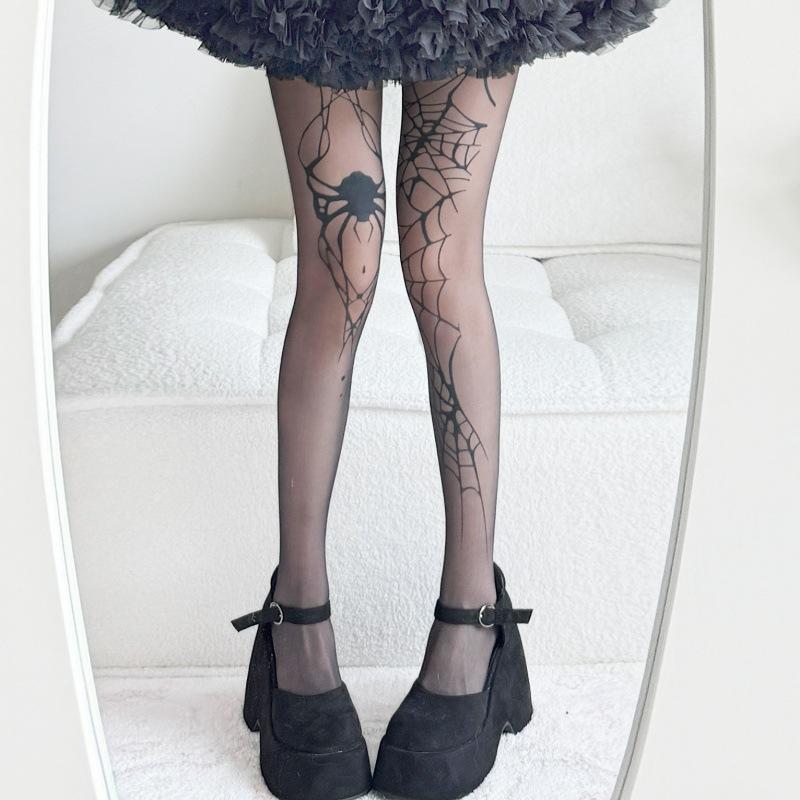 Hot-Selling Spider Web Print Stockings Tattoo Thin Black Silk Pantyhose Halloween Cos Leggings