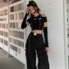 Patchwork Black T-shirts Gothic One Shoulder Sleeve Y2k Crop Tops Ruffles Hem Hip Hop Techwear Women Tees