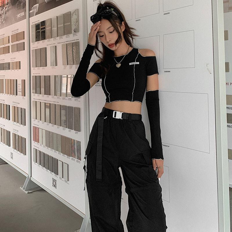 Patchwork Black T-shirts Gothic One Shoulder Sleeve Y2k Crop Tops Ruffles Hem Hip Hop Techwear Women Tees
