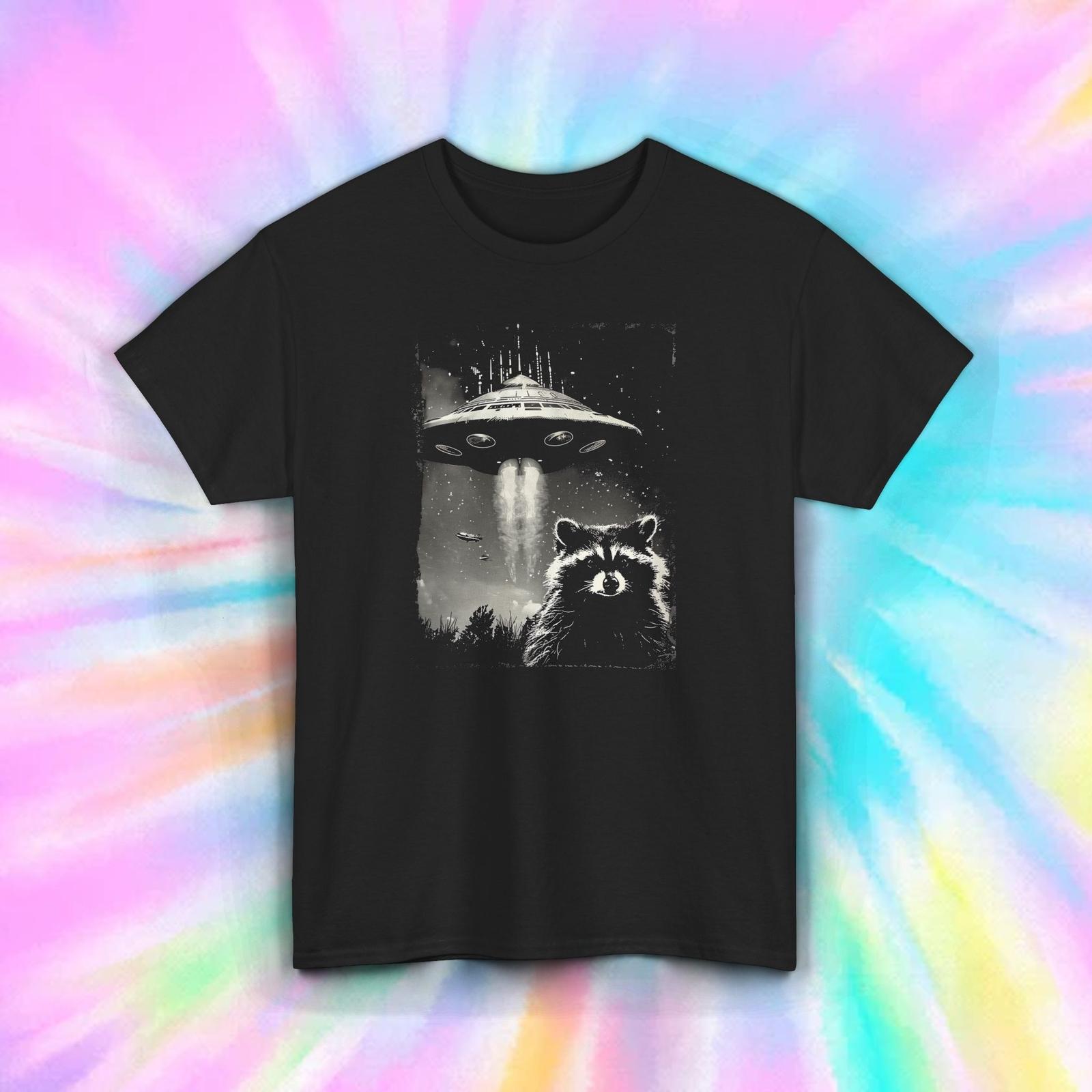 UFO Raccoon Shirt Alien Abduction Beam Forest Graphic Tee S-5XL S