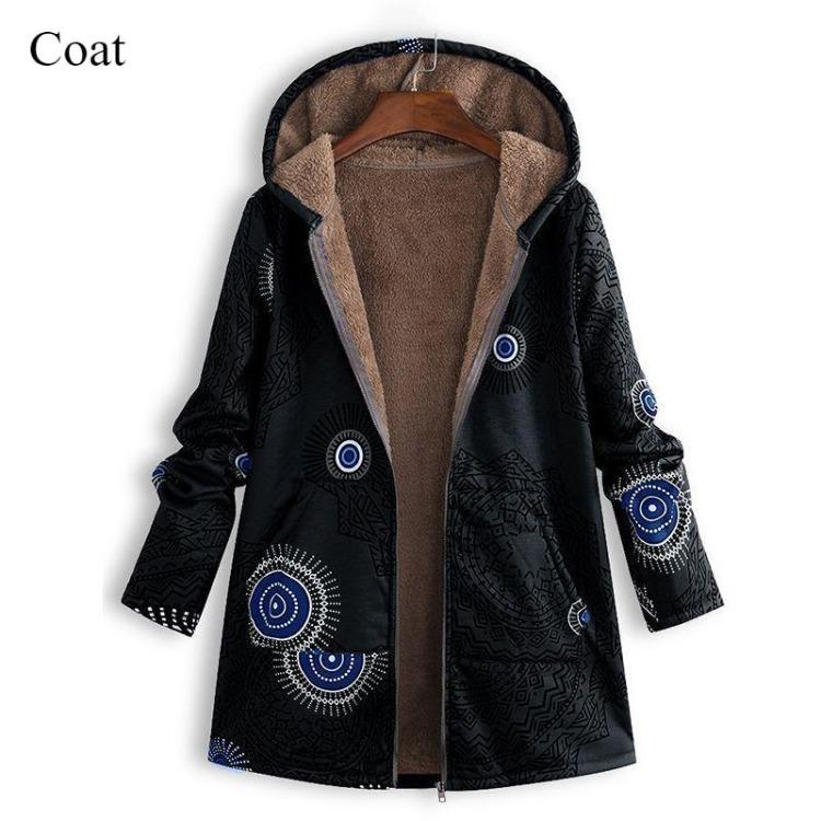 Casual Cotton Linen Loose Long Coat Printed Sleeve Fashion Jacket Vintage Zipper Women's Hooded Plus Size Temperament