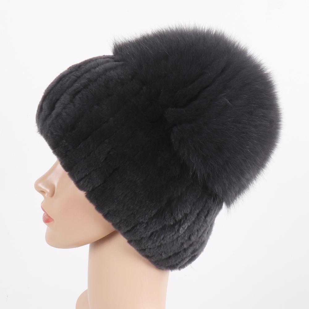 New Women Winter Luxury Real Rex Rabbit Fur Hat Knitted Rex Rabbit Fur Hat Top Natural Fox Fur Cap Genuine Fox Fur Beanies Hat