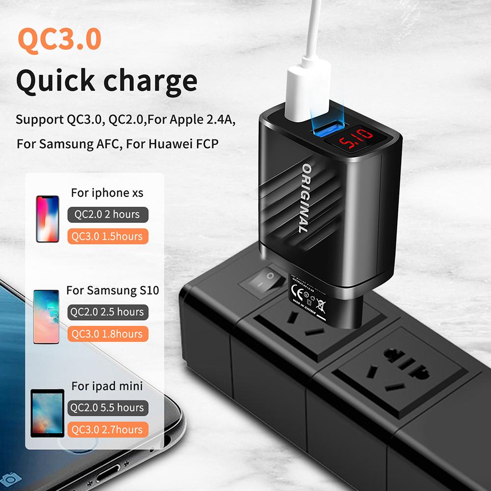 18W Dual USB Charger Quick Charge 3.0 2.4A Digital Diplay Fast Charging for iPhone Samsung Xiaomi Portable Phone Charger Adapter