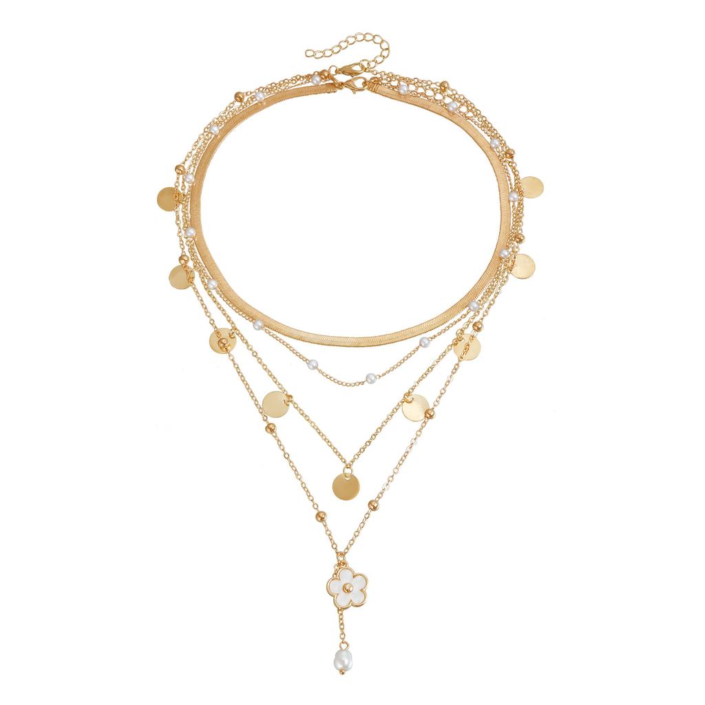 Vintage geometric disc flower pendant bead chain necklace light luxury sexy babe necklace