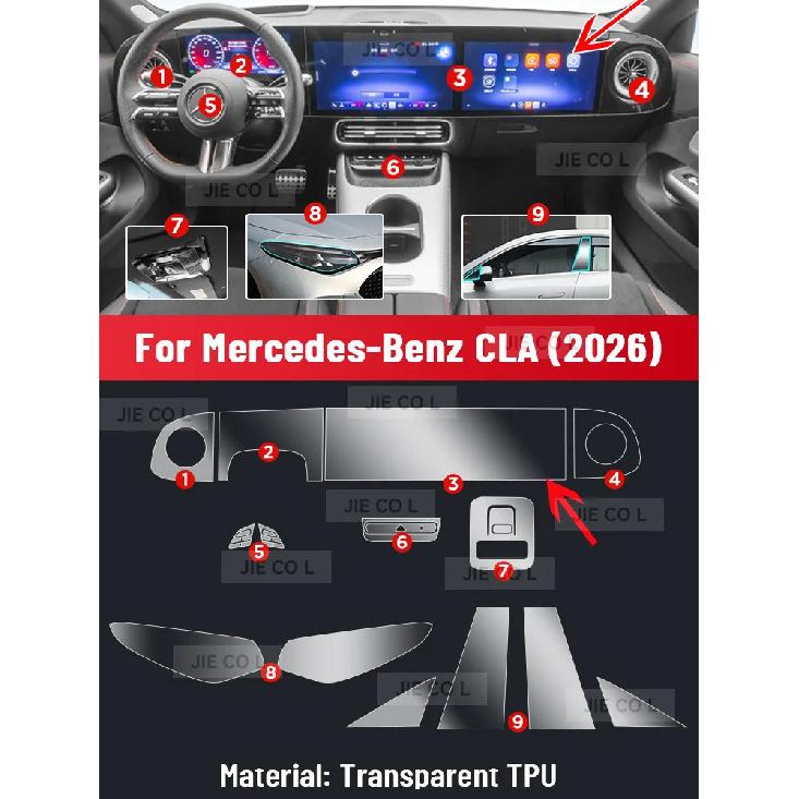 Pro Mercedes Benz CLA 2026 Nová Energie Ochranná fólie na středovou konzoli, palubní desku a navigaci proti poškrábání z TPU