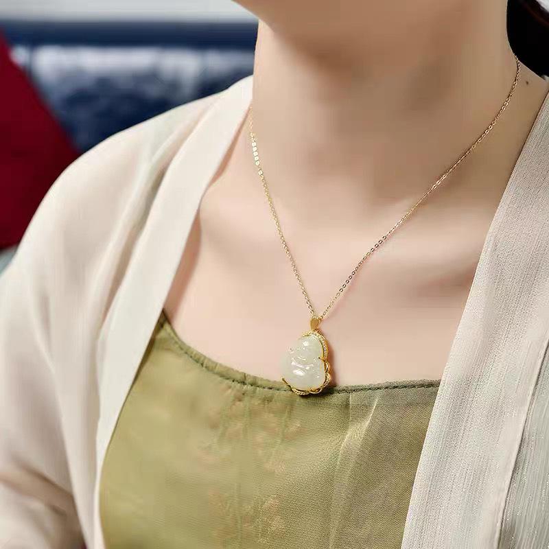 Maitreya Buddha Hetian Jade Pendant Necklace with Gold Inlay - Women's Luck-Turning Gift for Live Stream Traffic Boost