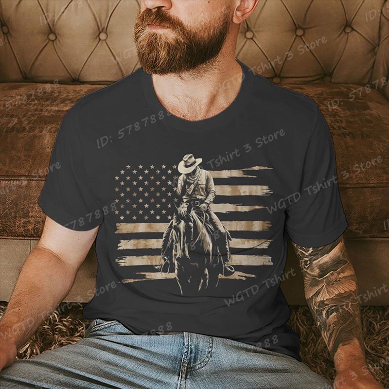 Cowboy with American Flag Pattern Print T Shirt Tees for Men Casual Short Sleeve TShirt for Summer Vintage Graphic Tshirts