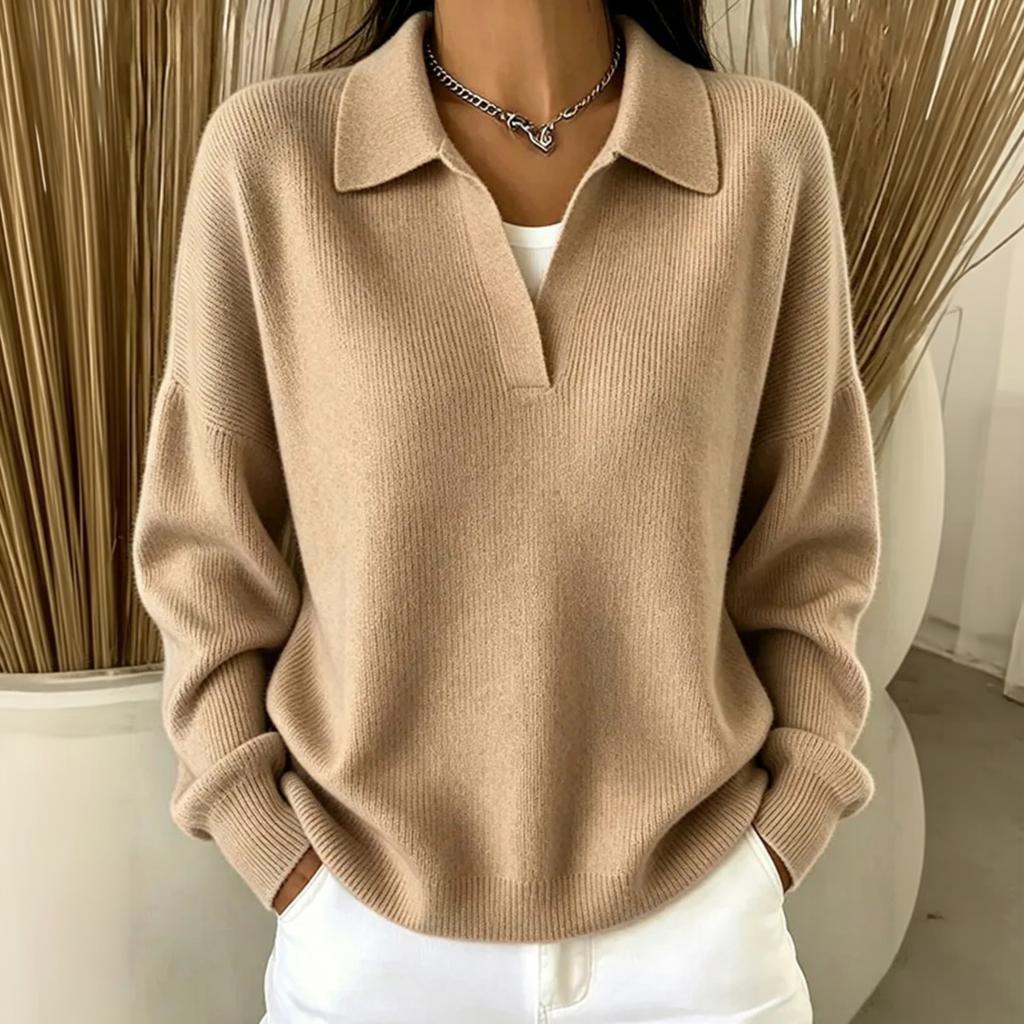 Women's V-Neck Collared Ribbed Knit Loose Fit Casual Sweater for Spring and Fall
