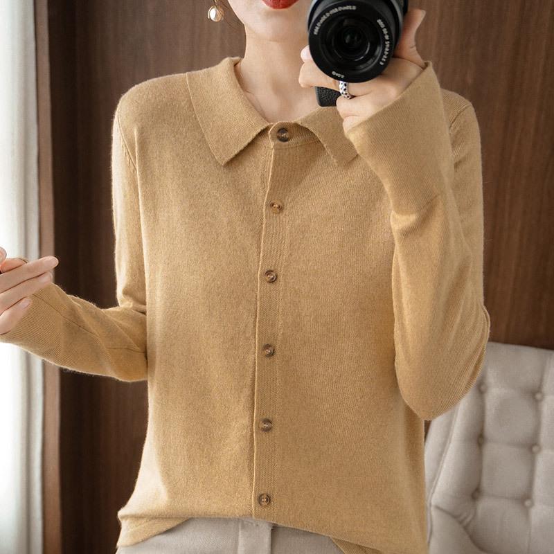 Women's Wool Cardigan with POLO Collar - Long Sleeve Sweater for Spring & Autumn