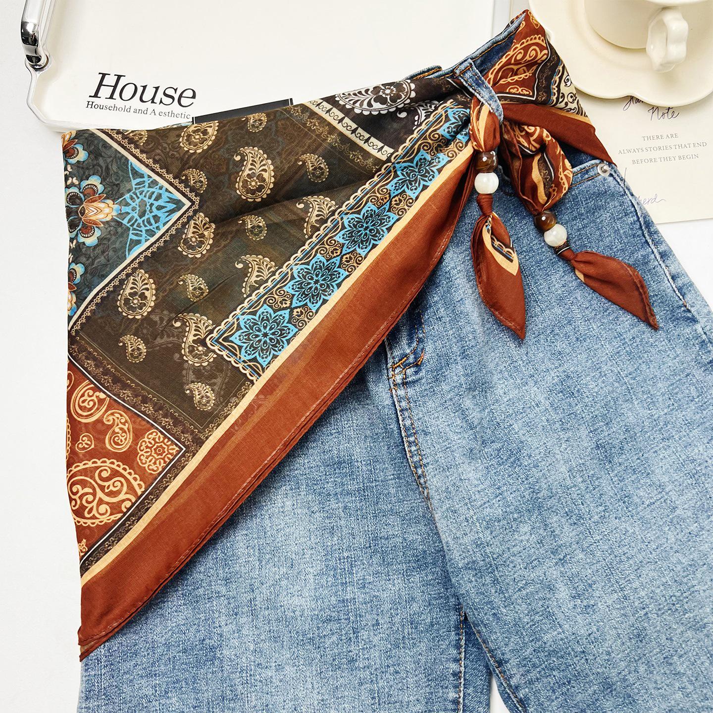 Ретро Этнический Многослойный Треугольный Шелковый Шарф: Универсальный пояс, головной платок и аксессуар для талии