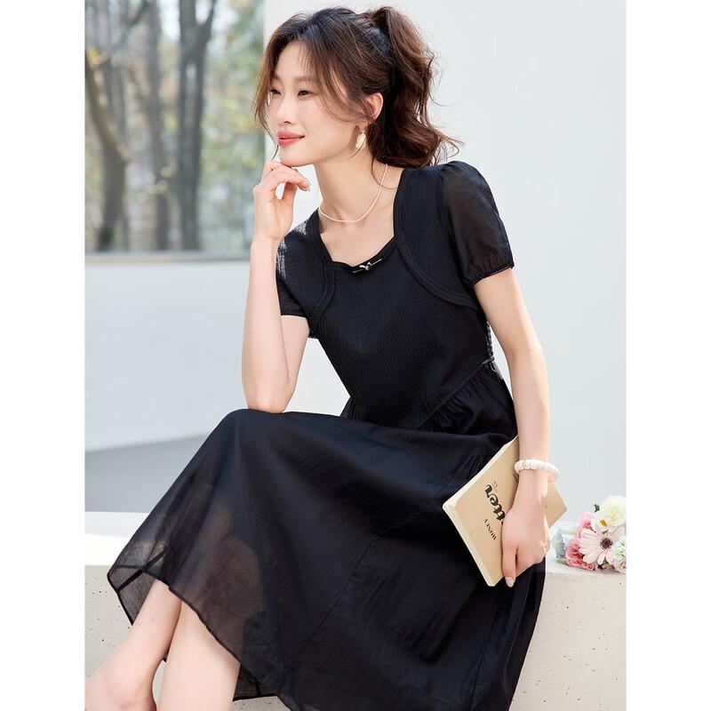 Sanpowa 2026 Summer Simple Black A-Line Midi Dress L