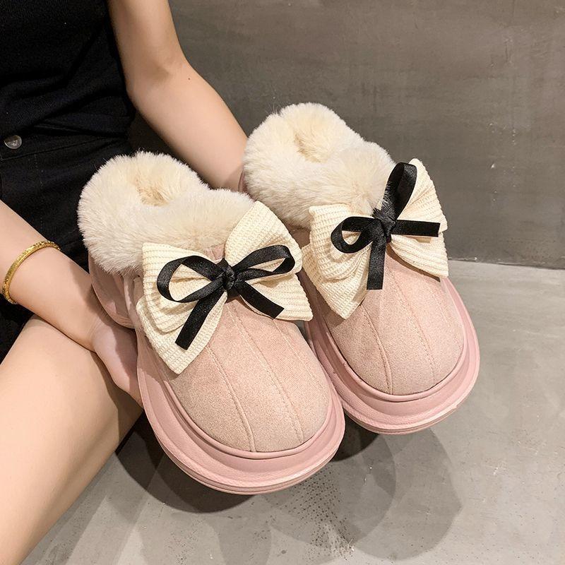 Baotou retro bow plush warm fluffy slippers women's non-slip cotton slippers women's autumn and winter new models