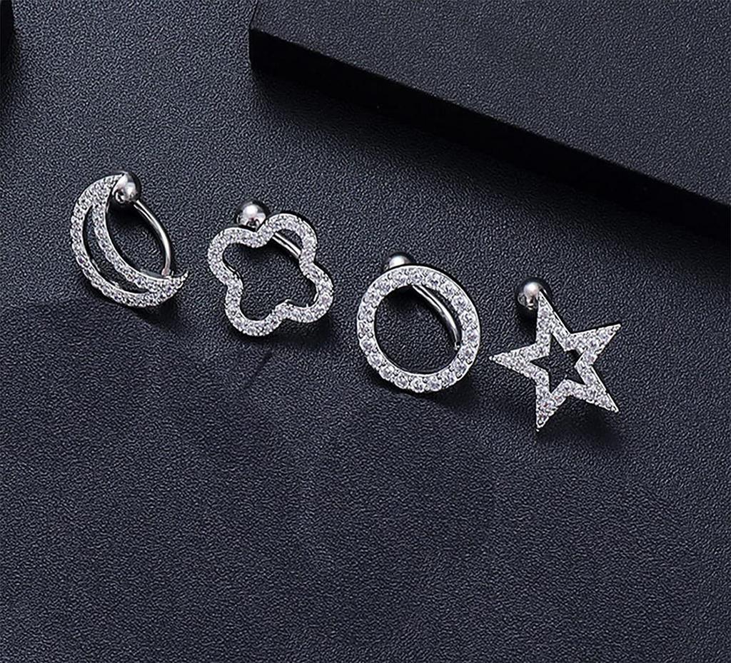 Reversed Bar Star Moon Four-leaf Clover Navel Piercing Nombril for Women Girl Crystal Belly Button Ring Inverted Barbell Jewelry