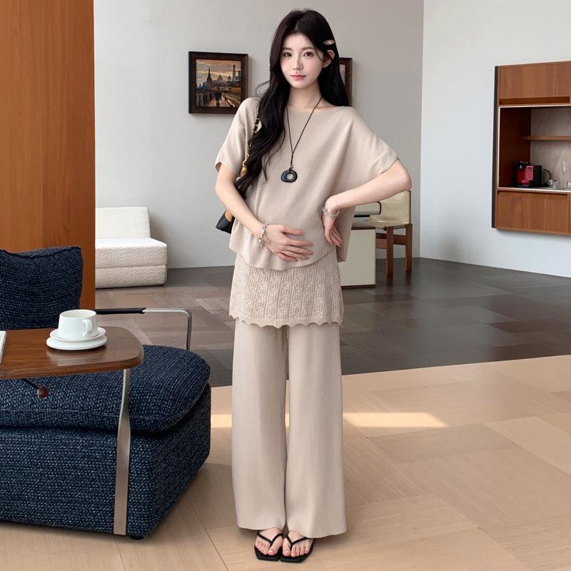 Available Now: 2026 Summer Maternity Knit Batwing Sweater & Patchwork Skirt Set - Korean Style, Relaxed Fit XL