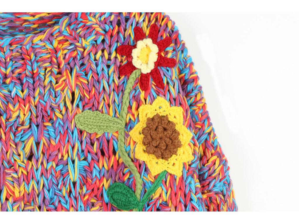 Retro Colorful Long-Sleeve Crochet Sweater - Autumn/Winter Loose Round Neck Pullover