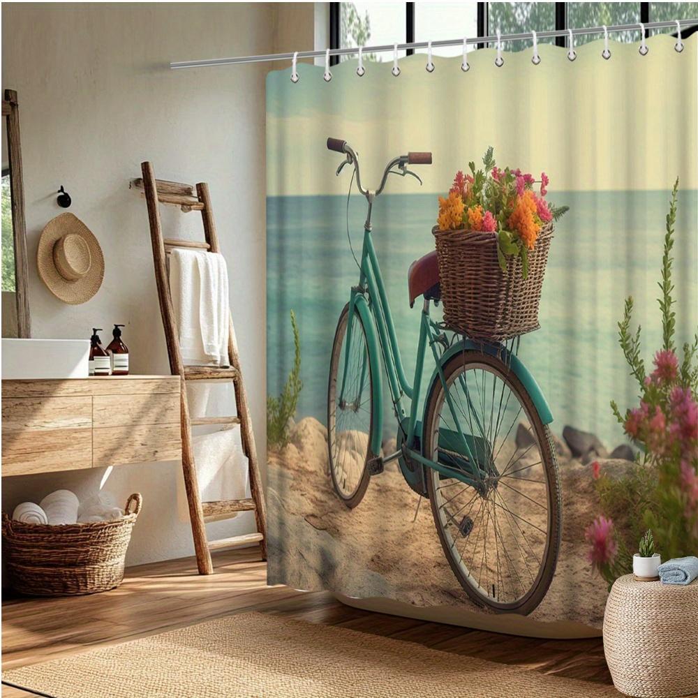 Coastal Bicycle Shower Curtain, Vintage Bike & Ocean Scene, Fade-Resistant Polyester, Machine Washable, Bath Decor