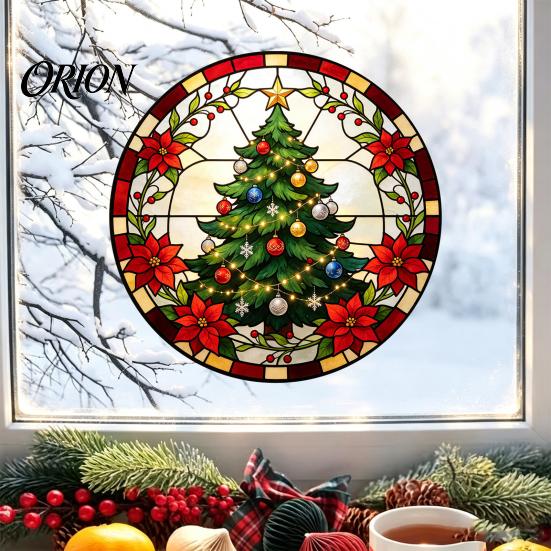 Removable Static Window Film Round Christmas Sticker, Stained Glass Style, Holiday Storefront Decals Cling, Santa Claus Tree PVC Decal for Home Decor
