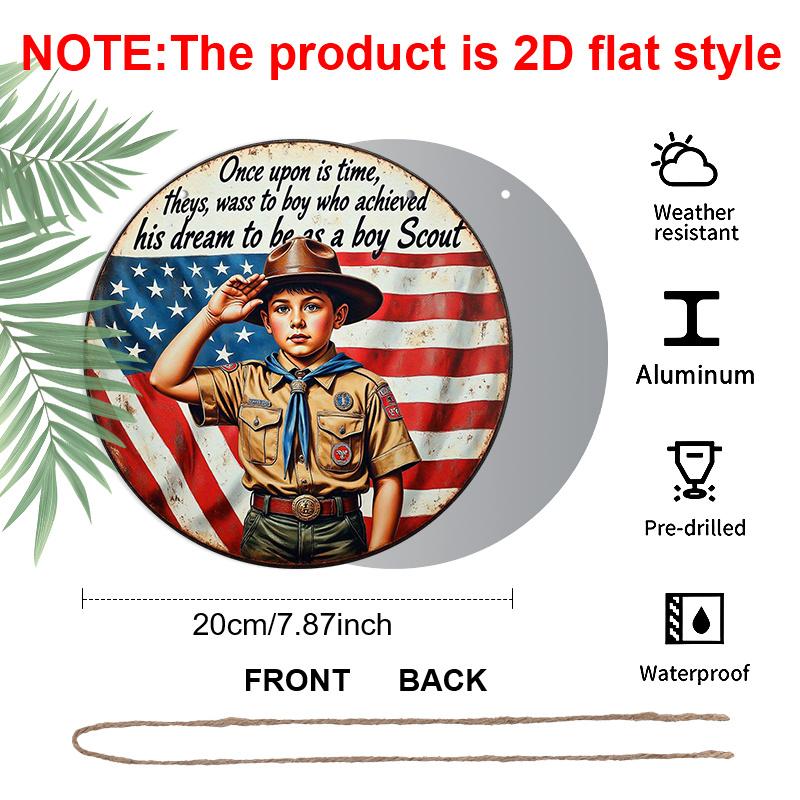 2D Flach, 1 Stück Rund Boy Scout Gruß USA Flagge Aluminium Hängeschild, Vintage Patriotisches Scout Traum Design, Rustikale Metall Wanddekoration, Perfekt für 4. Juli