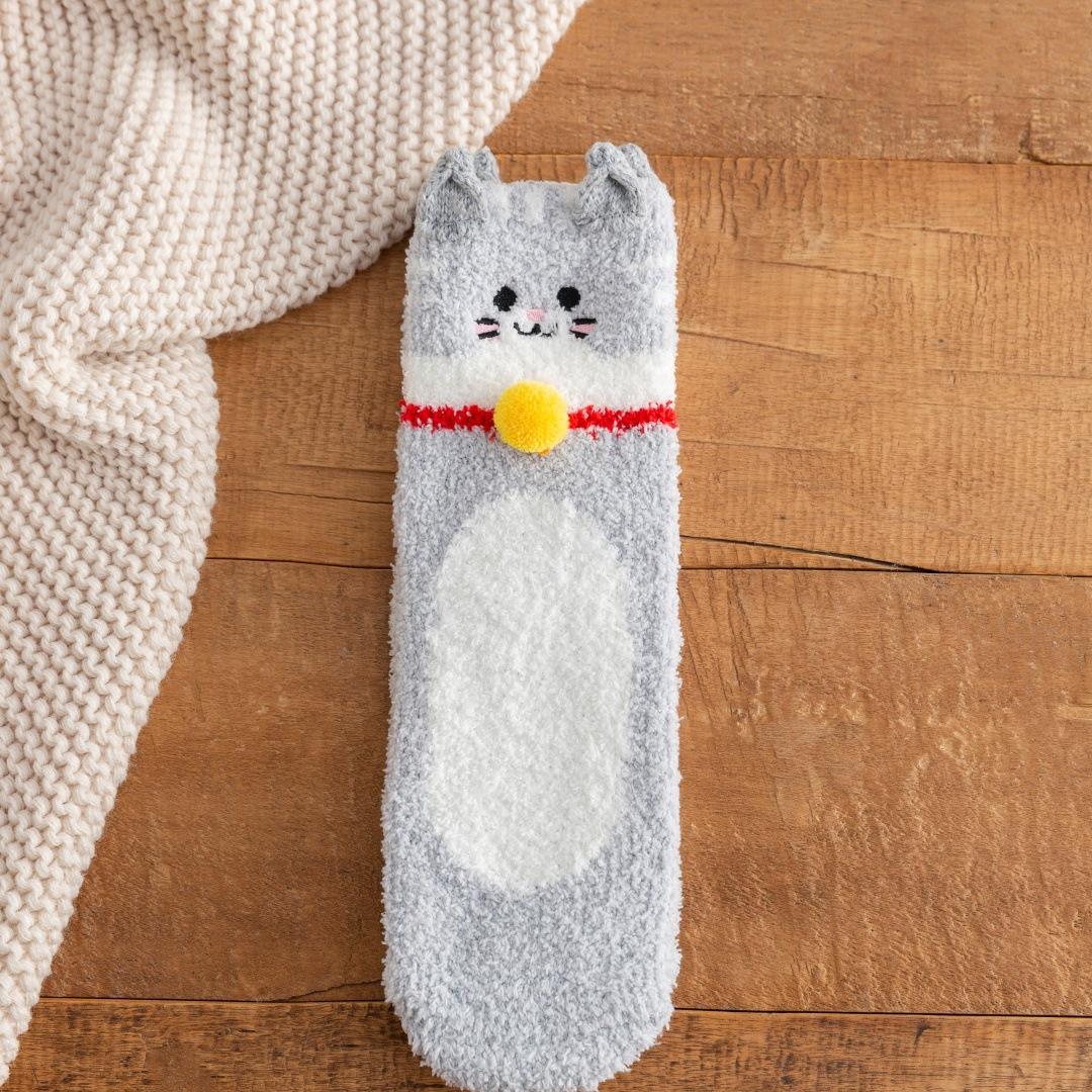 

Thickened And Fleece Cute Lucky Cat Half Fleece Without Hair Loss Coral Fleece Socks Women S Sleep Socks Confinement Socks Floor Socks One size fits all серый
