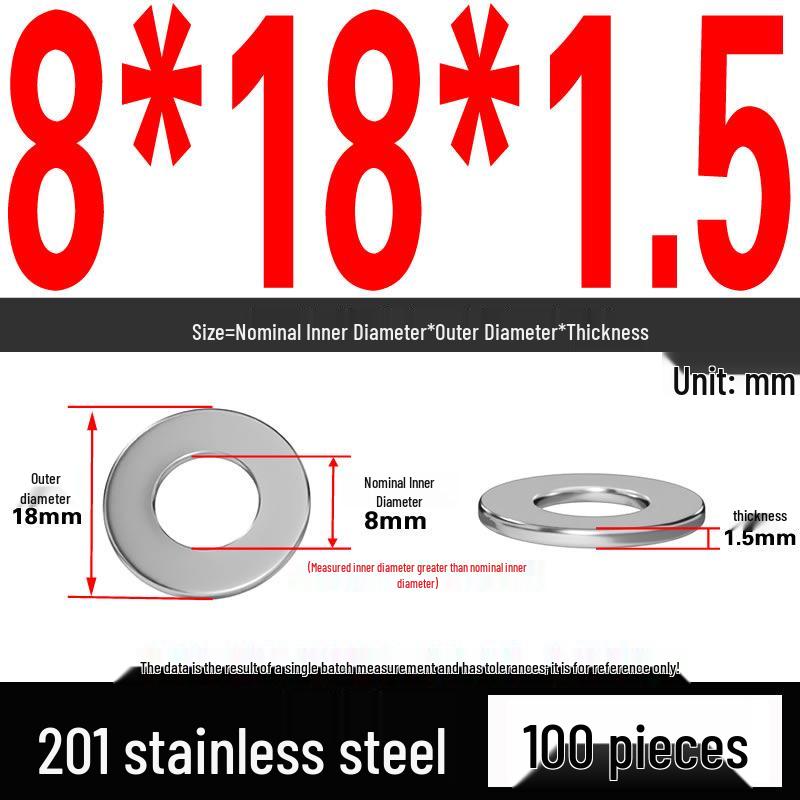 201 Stainless Steel Flat Washer Shim, GB97, Sizes M3 to M30