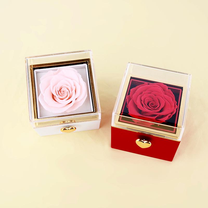 Automatic Rotating Acrylic Jewelry Box with Preserved Rose and Necklace - Valentine's Day Gift
