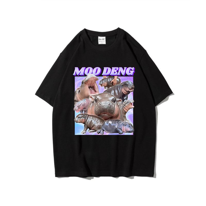 Fun Printed Moo Deng Bouncing Pig Casual T Shirts Trend Loose Cotton Short Sleeved Round Neck Top