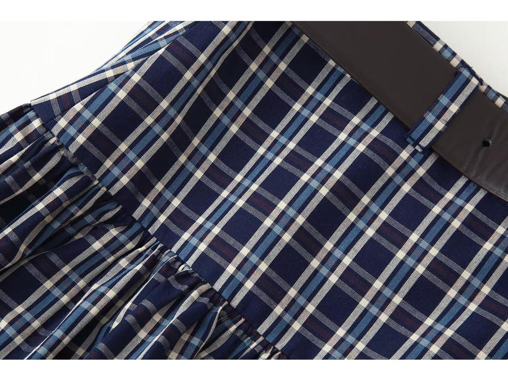 PB&ZA Women's Autumn European Style Plaid Midi Skirt with Belt