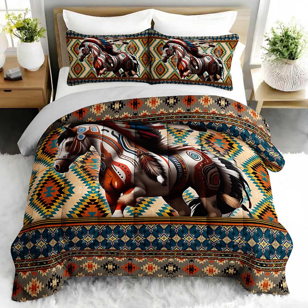 3PC Western Horse Aztec Native American Duvet Set with 2 Pillowcases for Bedroom Or Guest Room Comforter Set
