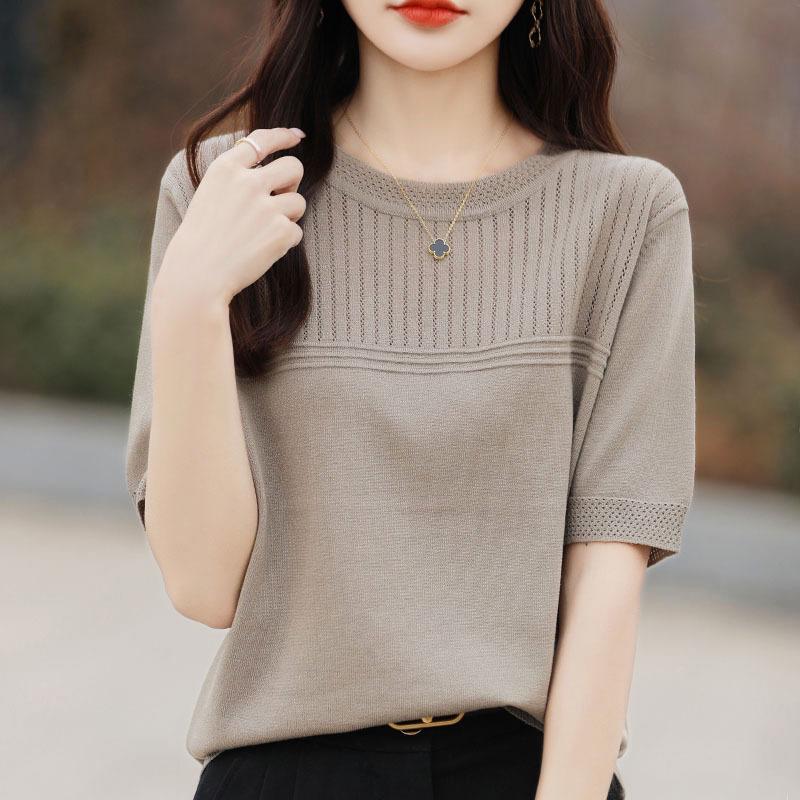 Women's Clothing Ice Silk Short Sleeve Women's Sweater T-shirt Women's Round Neck Thin Korean Style
