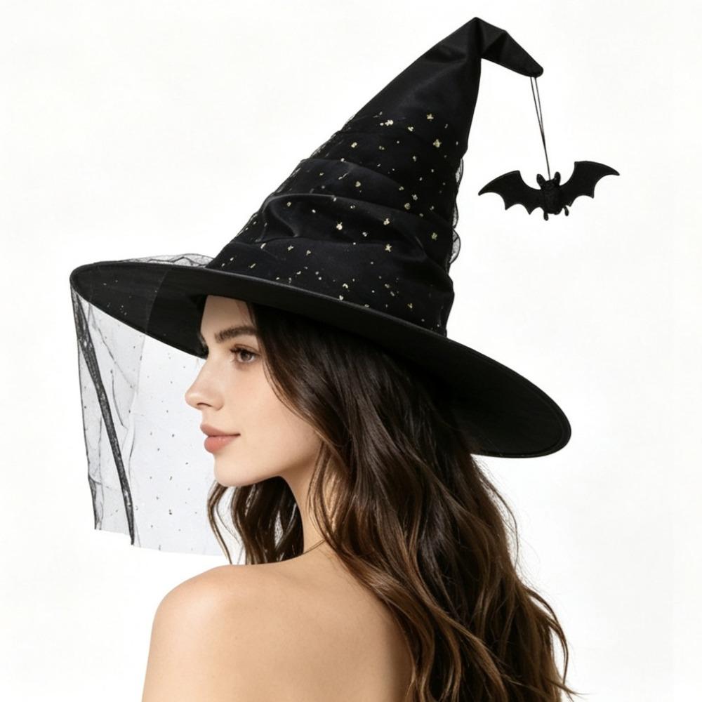 Mesh Yarn Cover Halloween Witch Hat With Veil Cosplay Accessories Pointed Mage Hat Masquerade Ball