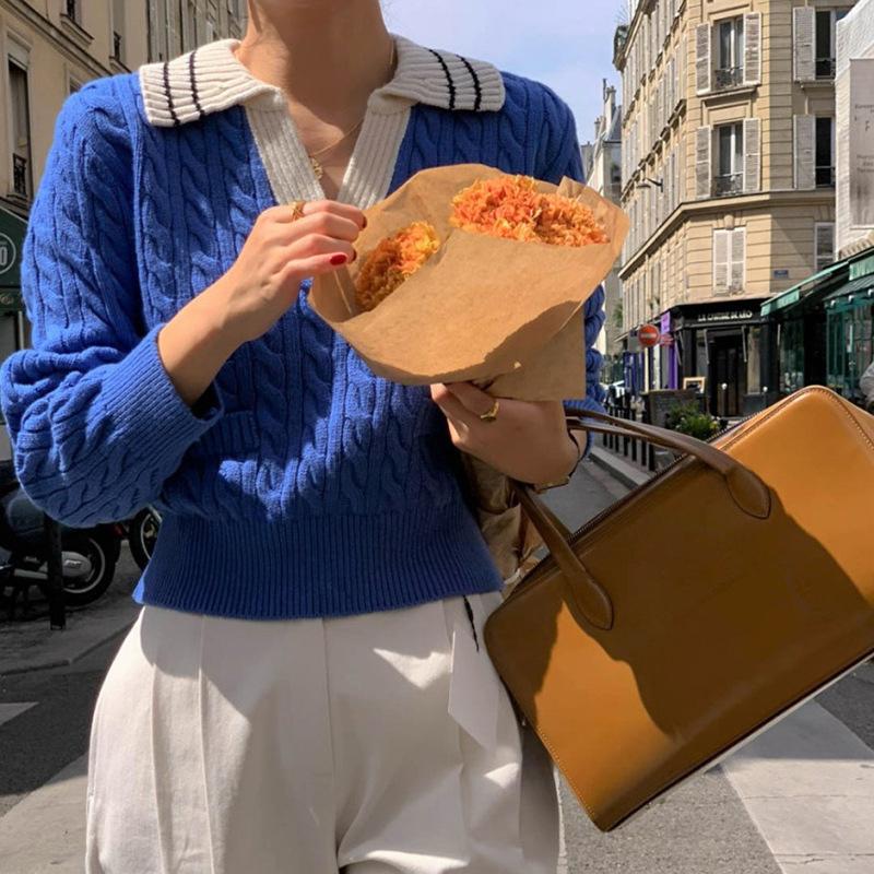 

Вязаный женский свободный пуловер с длинными рукавами и цветными блоками One size синий