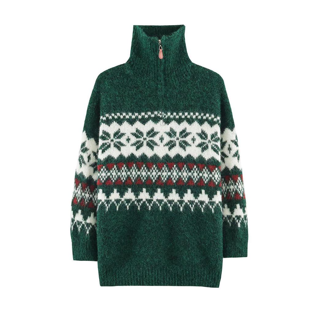 European & American Style 2026 Women's Fair Isle Jacquard Half-Zip High-Neck Sweater